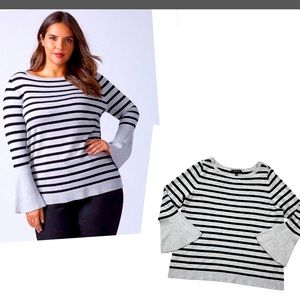 Lane Bryant Gray Black Striped Long Bell Sleeve Boat Neck Sweater size 18/20